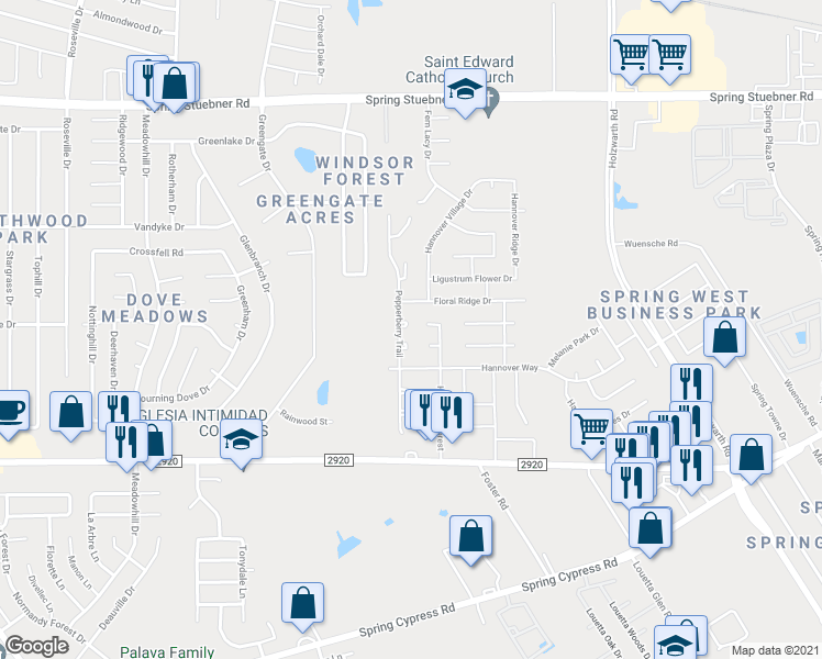 map of restaurants, bars, coffee shops, grocery stores, and more near 2507 Shayna Court in Spring