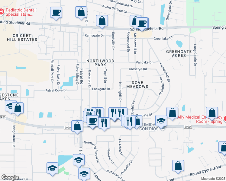 map of restaurants, bars, coffee shops, grocery stores, and more near 21445 Roseville Drive in Spring