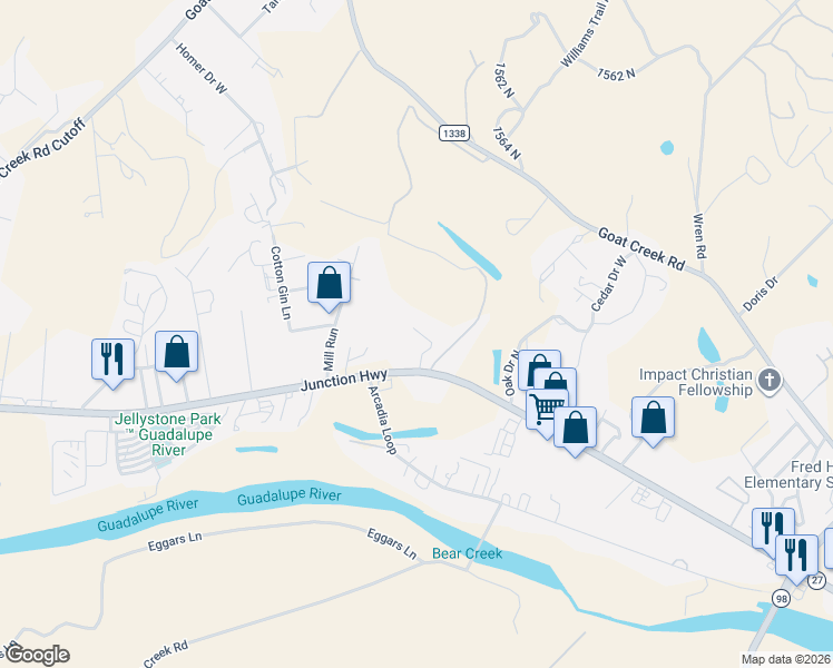 map of restaurants, bars, coffee shops, grocery stores, and more near 2300 Junction Highway in Kerrville