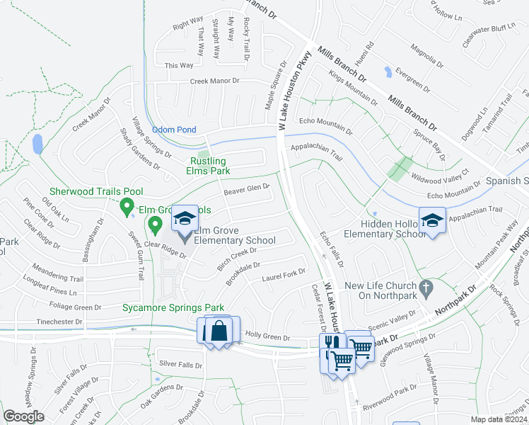 map of restaurants, bars, coffee shops, grocery stores, and more near 3303 Sycamore Springs Drive in Houston