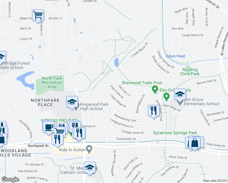 map of restaurants, bars, coffee shops, grocery stores, and more near 2314 Pine Cone Drive in Humble
