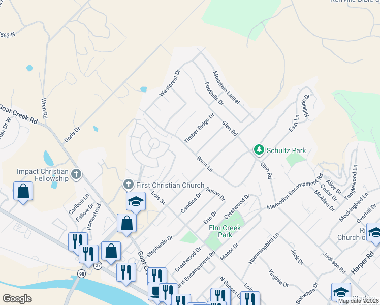 map of restaurants, bars, coffee shops, grocery stores, and more near 112 West Lane in Kerrville