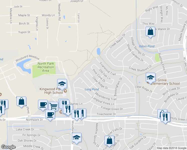 map of restaurants, bars, coffee shops, grocery stores, and more near 2307 Clear Ridge Drive in Humble
