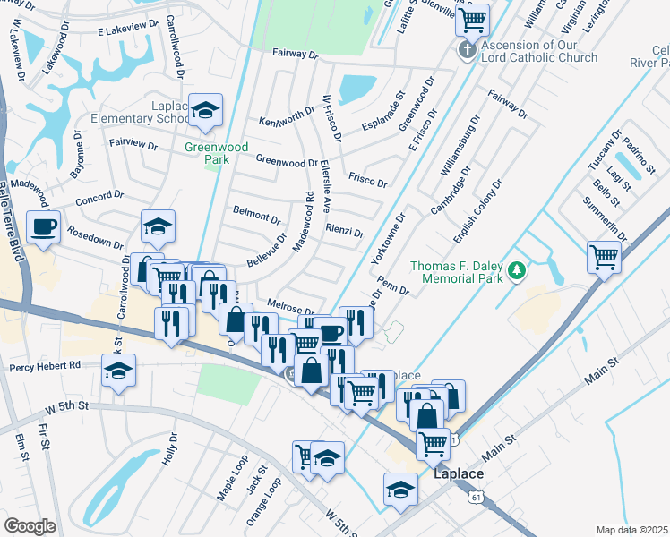 map of restaurants, bars, coffee shops, grocery stores, and more near 567 Parlange Loop in LaPlace