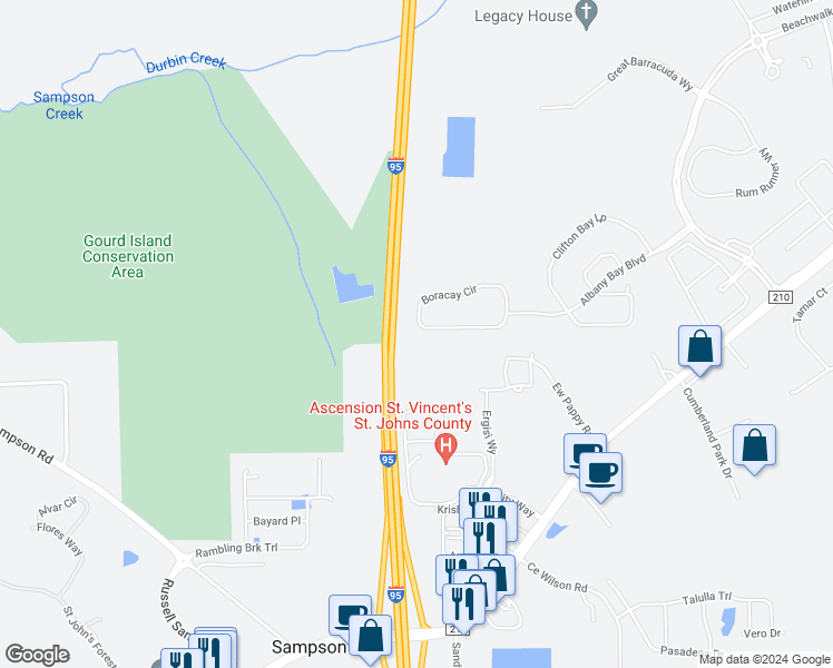 map of restaurants, bars, coffee shops, grocery stores, and more near Interstate 95 in Saint Johns