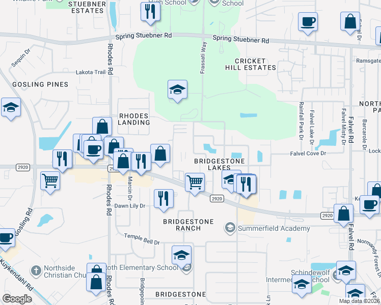 map of restaurants, bars, coffee shops, grocery stores, and more near 22303 Bridgestone Ridge Drive in Spring