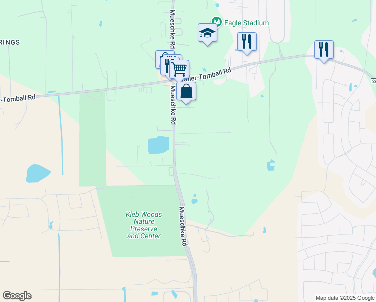 map of restaurants, bars, coffee shops, grocery stores, and more near 21610 Mueschke Road in Tomball