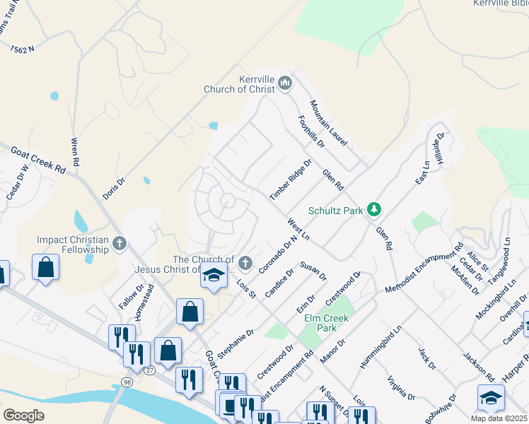map of restaurants, bars, coffee shops, grocery stores, and more near 1905 West Lane in Kerrville