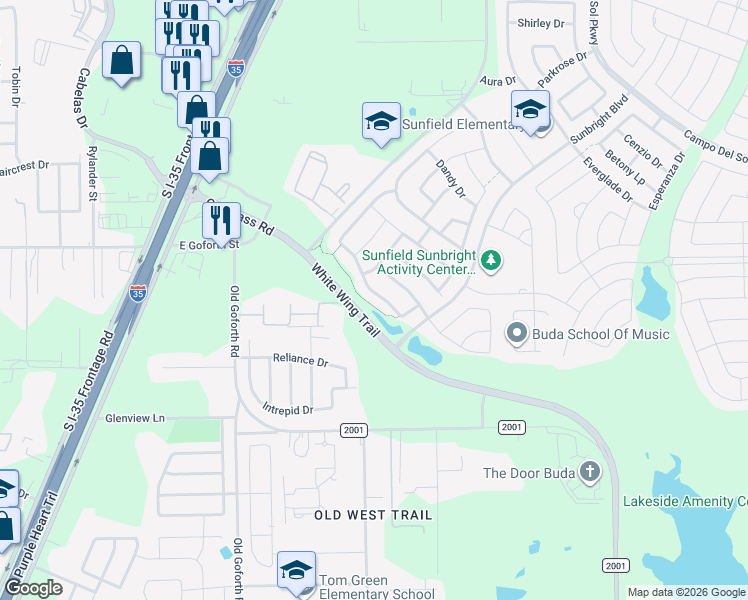 map of restaurants, bars, coffee shops, grocery stores, and more near 195 Pond View Pass in Buda