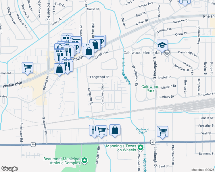 map of restaurants, bars, coffee shops, grocery stores, and more near 5845 Woodway Drive in Beaumont