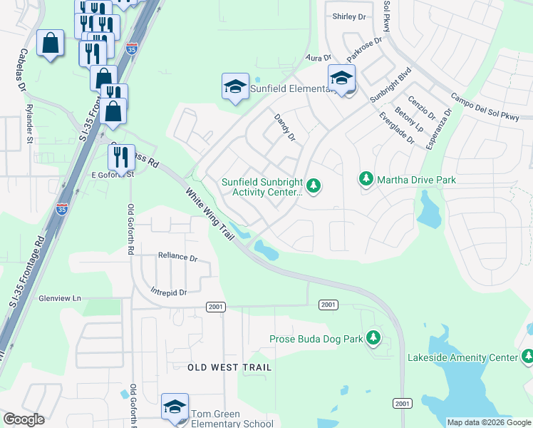 map of restaurants, bars, coffee shops, grocery stores, and more near 267 Razzmatazz Trail in Buda