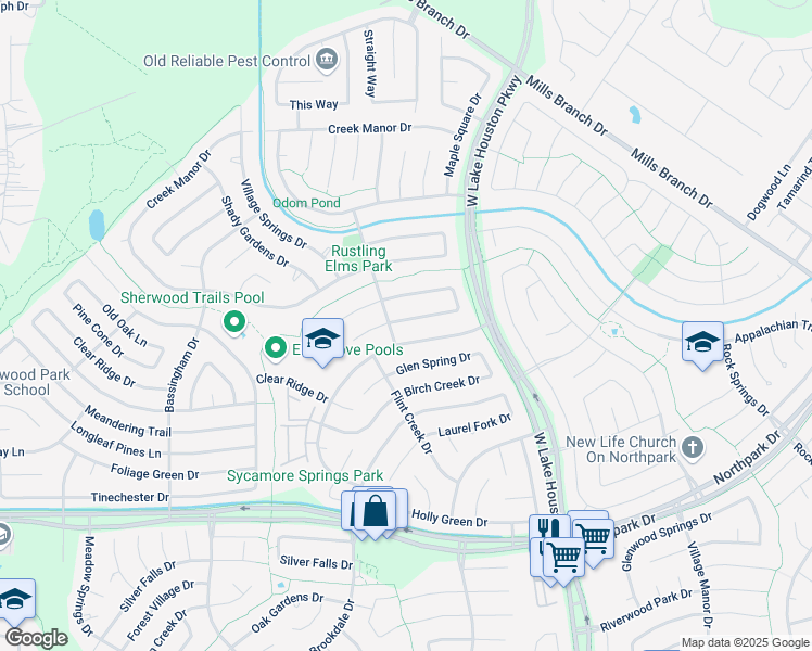map of restaurants, bars, coffee shops, grocery stores, and more near 3210 Lake Stream Drive in Houston
