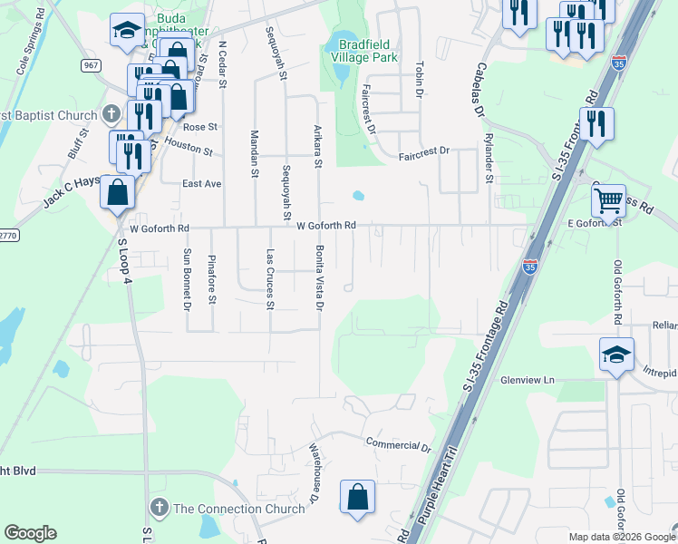 map of restaurants, bars, coffee shops, grocery stores, and more near 180 Reyna Lane in Buda