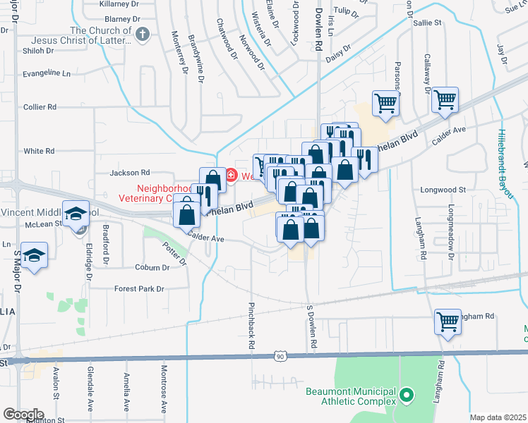 map of restaurants, bars, coffee shops, grocery stores, and more near 6755 Phelan Boulevard in Beaumont