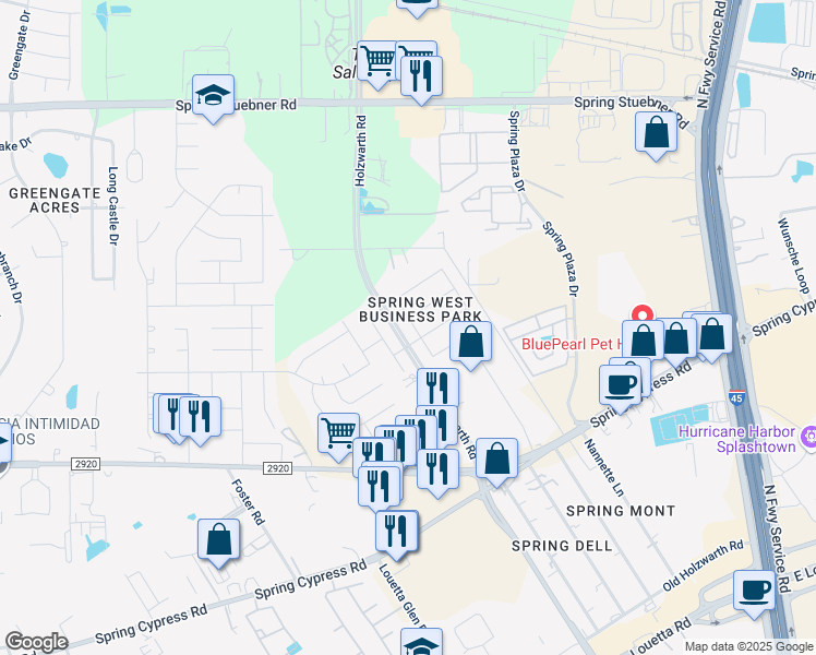 map of restaurants, bars, coffee shops, grocery stores, and more near 21511 Fossil Trails Drive in Spring