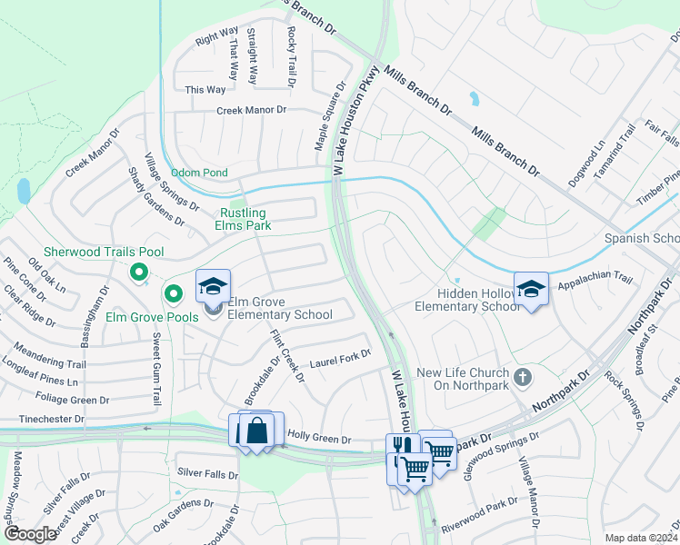 map of restaurants, bars, coffee shops, grocery stores, and more near 3327 Sycamore Springs Drive in Humble