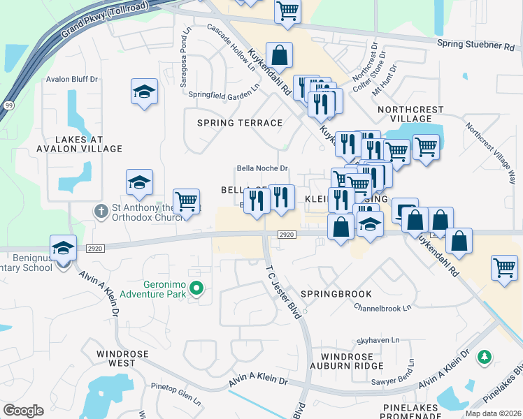 map of restaurants, bars, coffee shops, grocery stores, and more near 6503 Bella Sera Drive in Spring