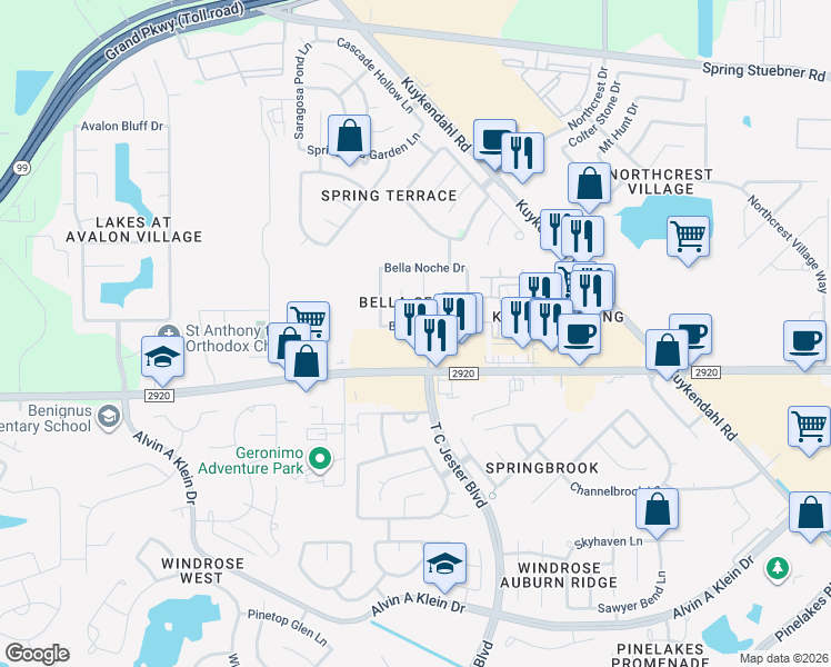 map of restaurants, bars, coffee shops, grocery stores, and more near 6503 Bella Sera Drive in Spring