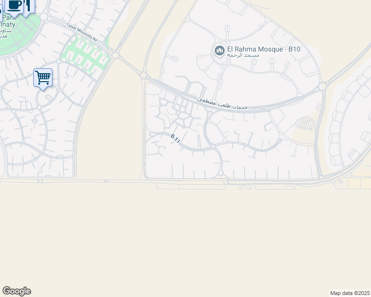map of restaurants, bars, coffee shops, grocery stores, and more near B 11 in Second New Cairo