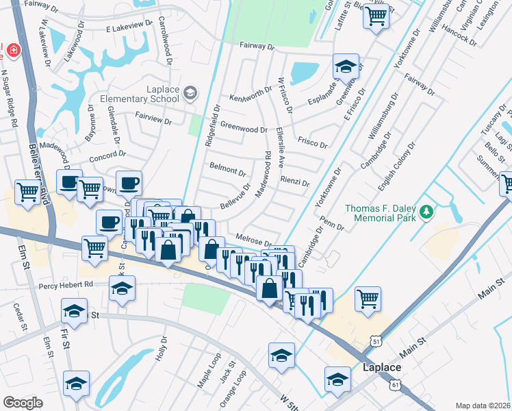 map of restaurants, bars, coffee shops, grocery stores, and more near 501 Parlange Loop in LaPlace