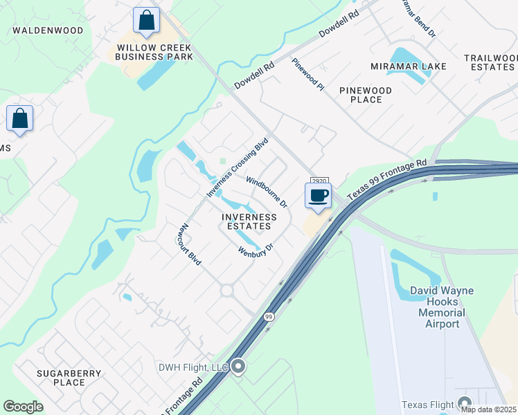 map of restaurants, bars, coffee shops, grocery stores, and more near 22507 2 Lakes Drive in Tomball