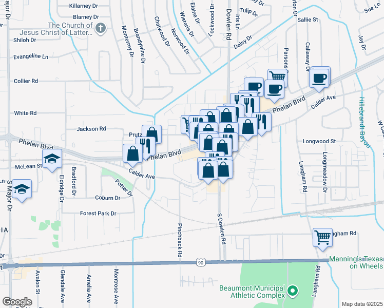 map of restaurants, bars, coffee shops, grocery stores, and more near 6755 Phelan Blvd in Beaumont