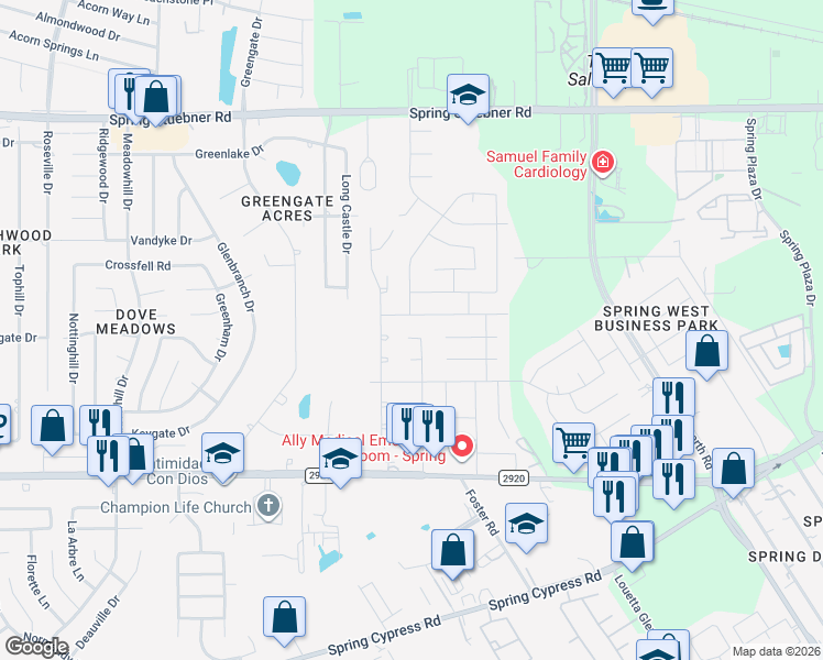 map of restaurants, bars, coffee shops, grocery stores, and more near 2507 Shayna Court in Spring