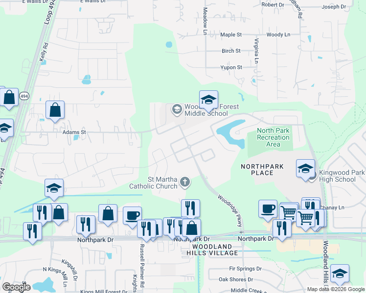 map of restaurants, bars, coffee shops, grocery stores, and more near 22702 Soaring Woods Lane in Porter