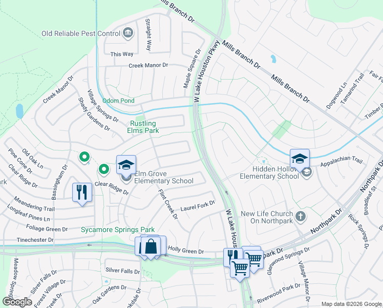 map of restaurants, bars, coffee shops, grocery stores, and more near 3303 Sycamore Springs Drive in Houston