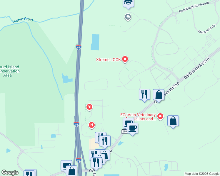 map of restaurants, bars, coffee shops, grocery stores, and more near 468 Albany Bay Boulevard in Saint Johns