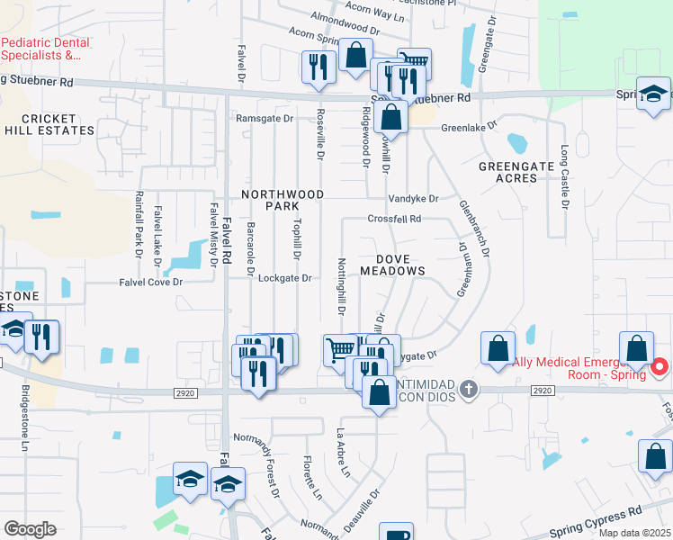 map of restaurants, bars, coffee shops, grocery stores, and more near 21445 Roseville Drive in Spring
