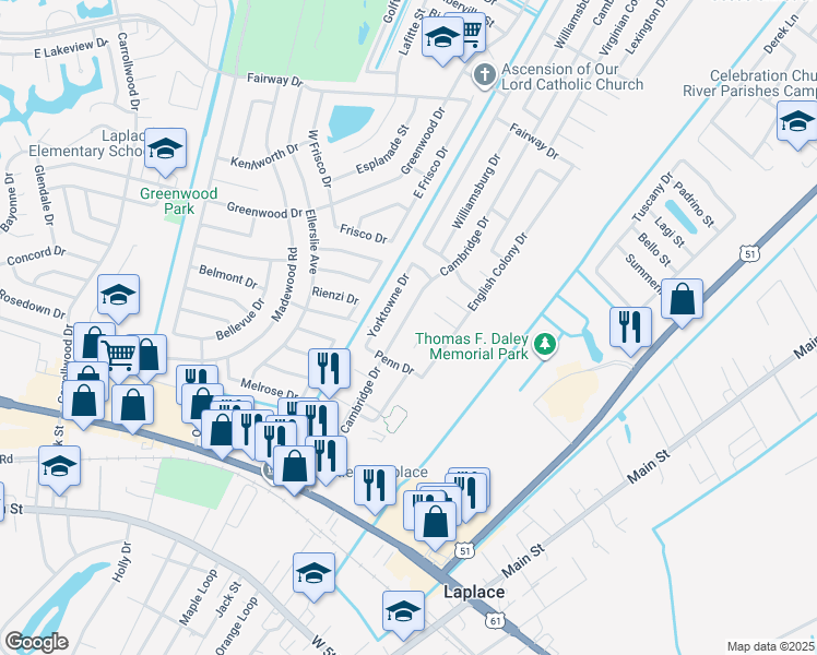 map of restaurants, bars, coffee shops, grocery stores, and more near 1312 Cambridge Drive in LaPlace