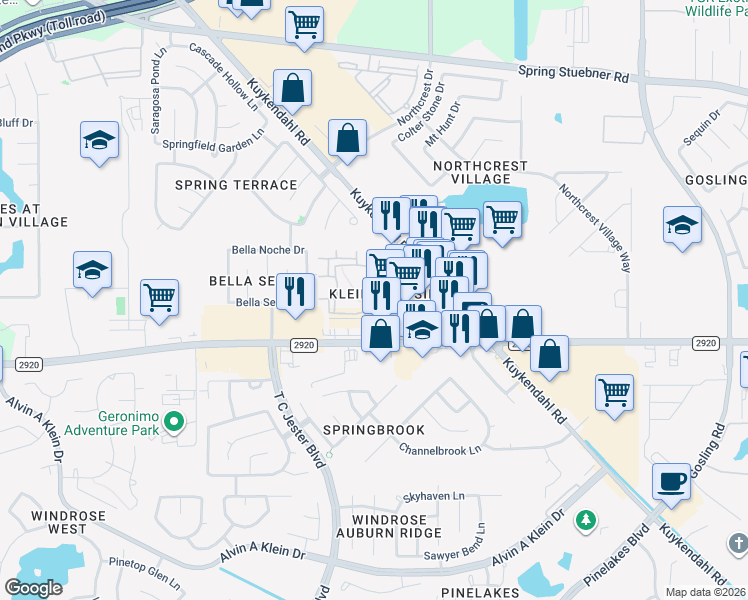 map of restaurants, bars, coffee shops, grocery stores, and more near 6096 Farm to Market 2920 in Spring