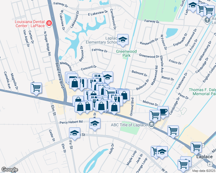 map of restaurants, bars, coffee shops, grocery stores, and more near 100 Dominican Road in LaPlace