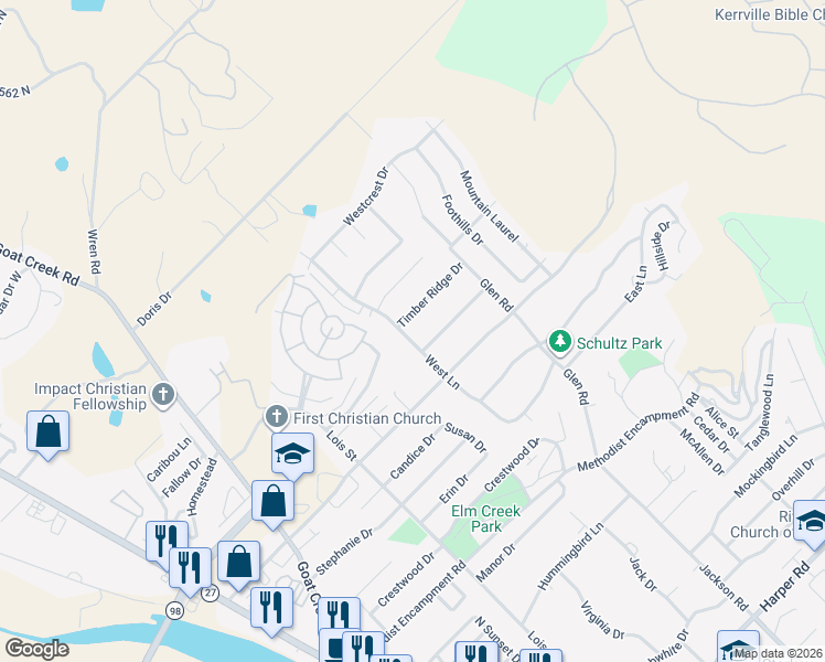 map of restaurants, bars, coffee shops, grocery stores, and more near 112 West Lane in Kerrville