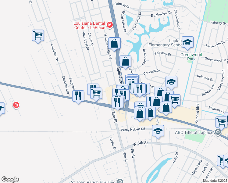 map of restaurants, bars, coffee shops, grocery stores, and more near North Sugar Ridge Road in LaPlace