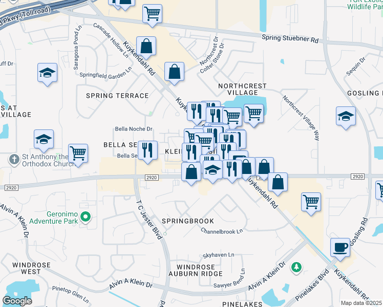map of restaurants, bars, coffee shops, grocery stores, and more near Unnamed Road in Spring