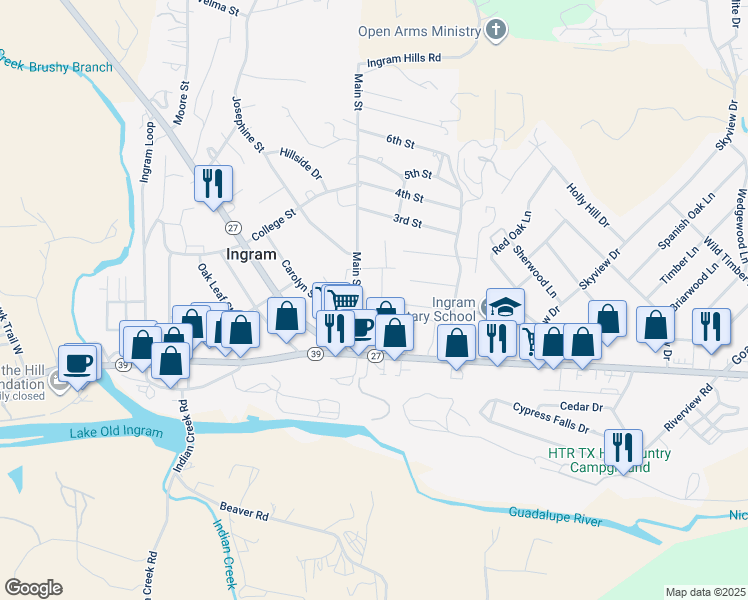 map of restaurants, bars, coffee shops, grocery stores, and more near 102 Derringer Street in Ingram
