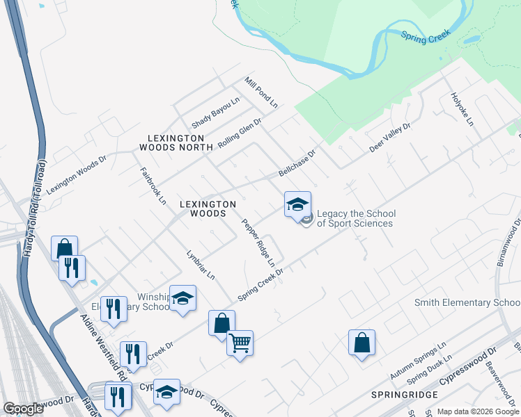 map of restaurants, bars, coffee shops, grocery stores, and more near 2414 Deer Valley Drive in Spring
