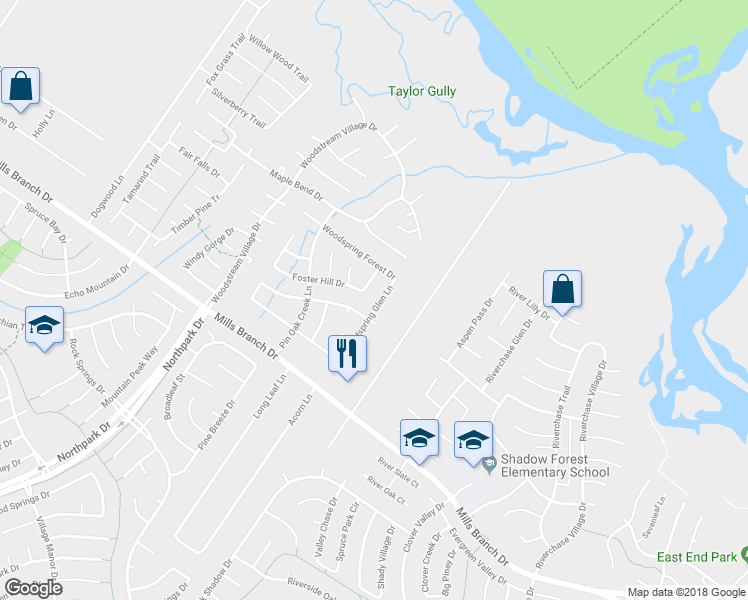 map of restaurants, bars, coffee shops, grocery stores, and more near 4717 Woodspring Glen Lane in Houston