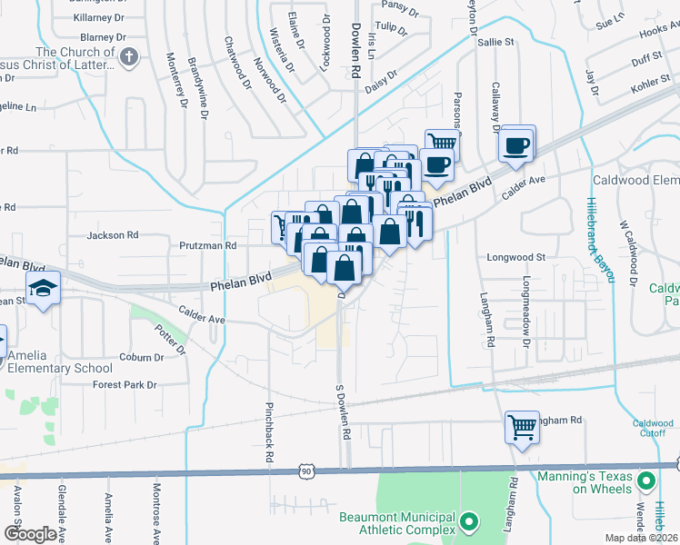 map of restaurants, bars, coffee shops, grocery stores, and more near 260 Dowlen Road in Beaumont