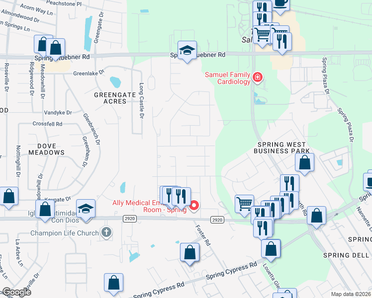 map of restaurants, bars, coffee shops, grocery stores, and more near 2435 Ligustrum Flower Drive in Spring