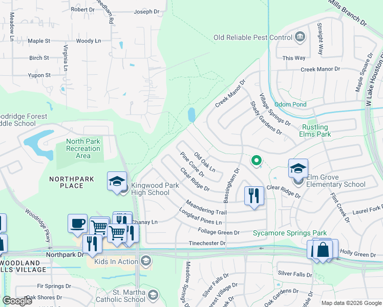 map of restaurants, bars, coffee shops, grocery stores, and more near 2306 Old Oak Lane in Humble