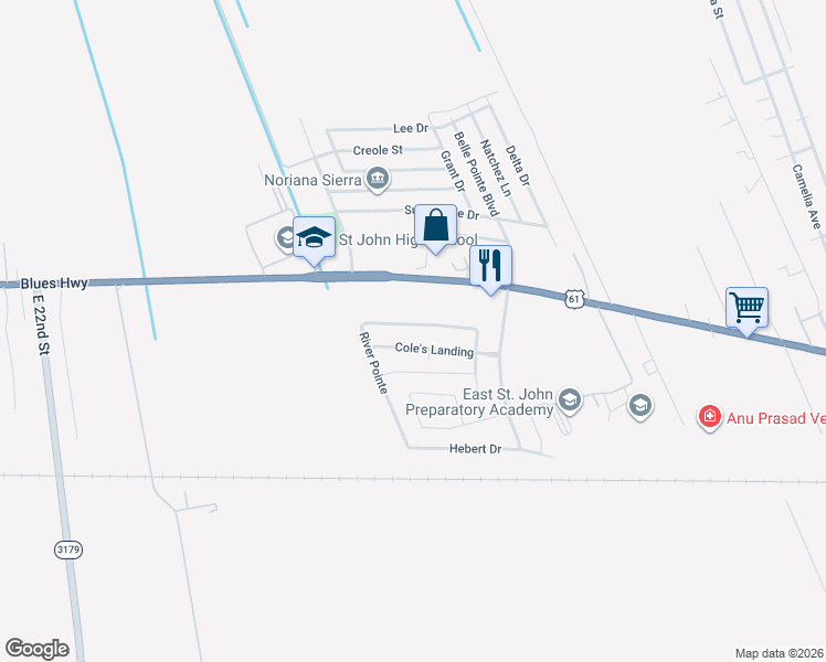 map of restaurants, bars, coffee shops, grocery stores, and more near 133 River Pointe in LaPlace