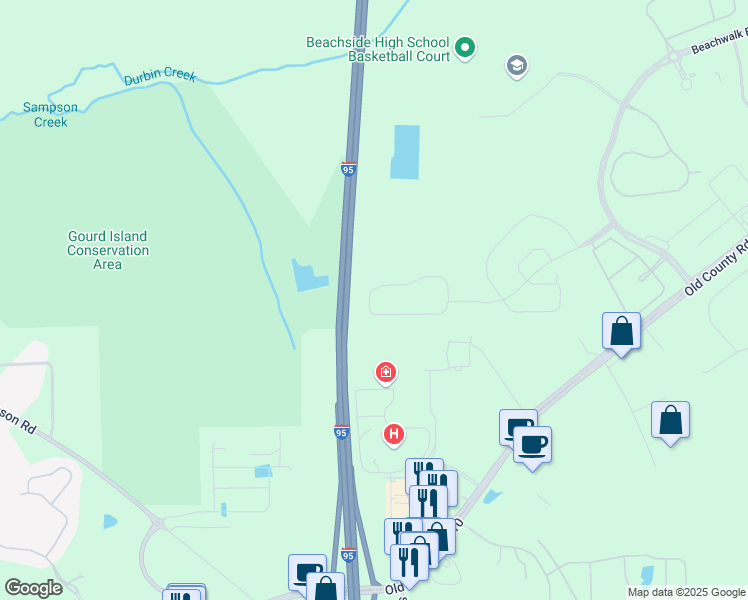 map of restaurants, bars, coffee shops, grocery stores, and more near Interstate 95 in Saint Johns