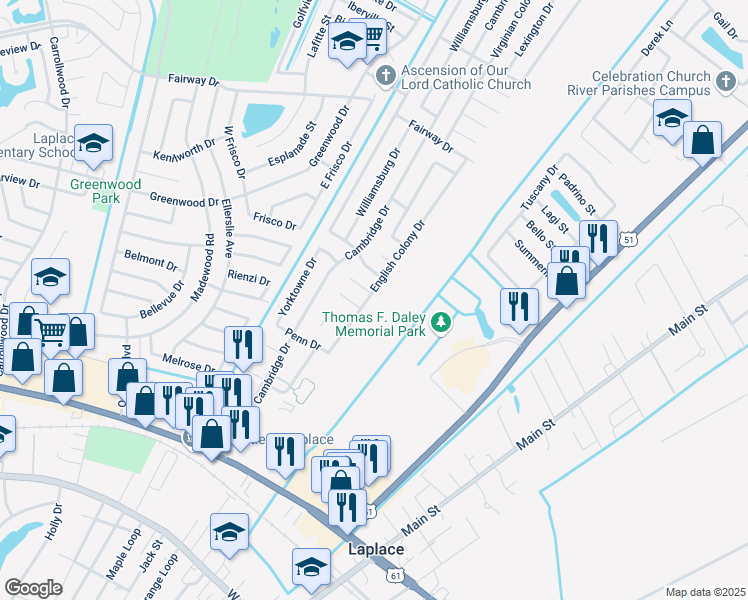 map of restaurants, bars, coffee shops, grocery stores, and more near 601 Medford Drive in LaPlace
