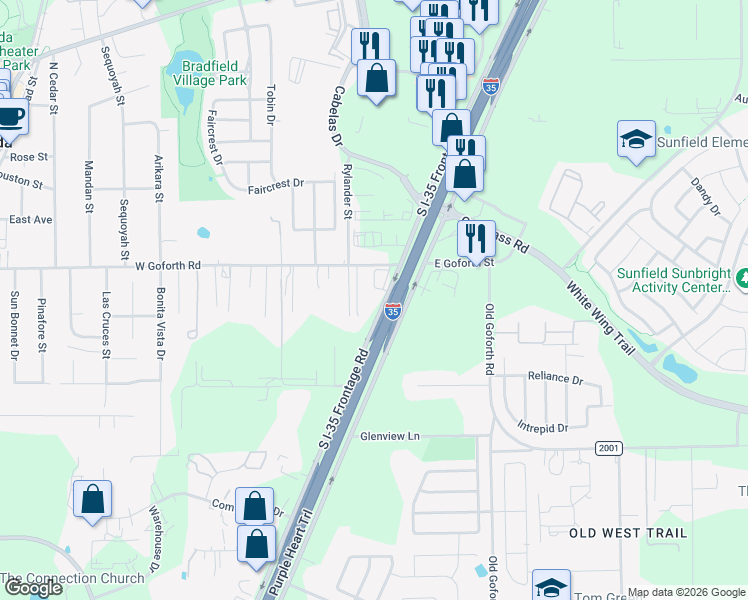 map of restaurants, bars, coffee shops, grocery stores, and more near 16150 South Interstate 35 Frontage Road in Buda