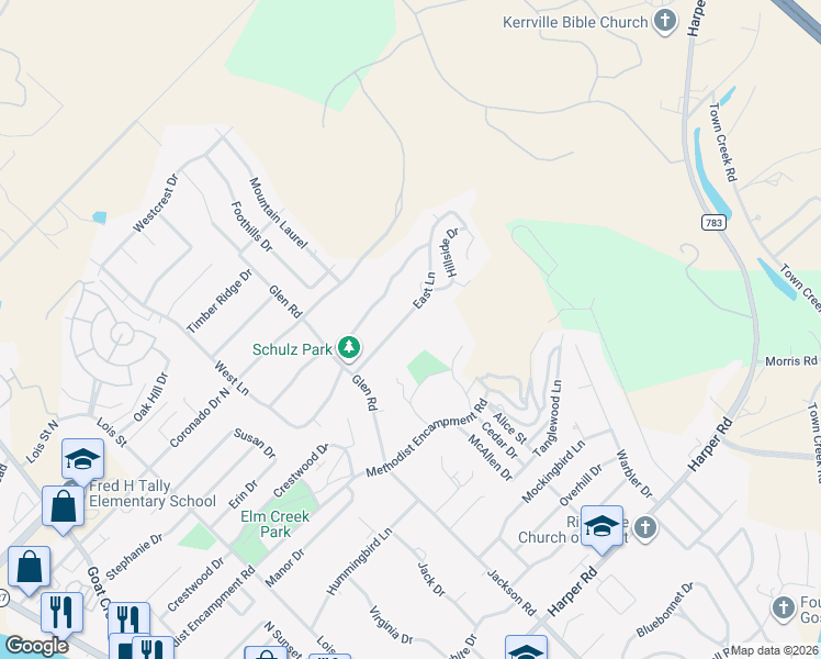 map of restaurants, bars, coffee shops, grocery stores, and more near 517 East Lane in Kerrville