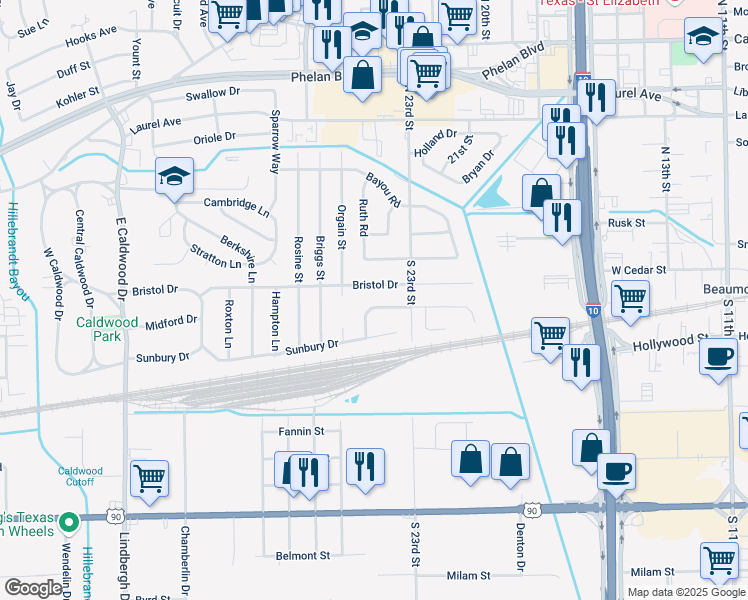 map of restaurants, bars, coffee shops, grocery stores, and more near 3955 Bristol Drive in Beaumont