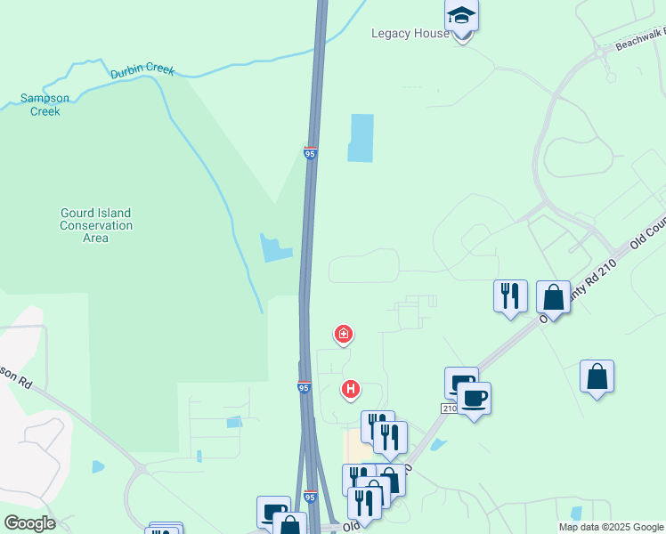 map of restaurants, bars, coffee shops, grocery stores, and more near Interstate 95 in Saint Johns